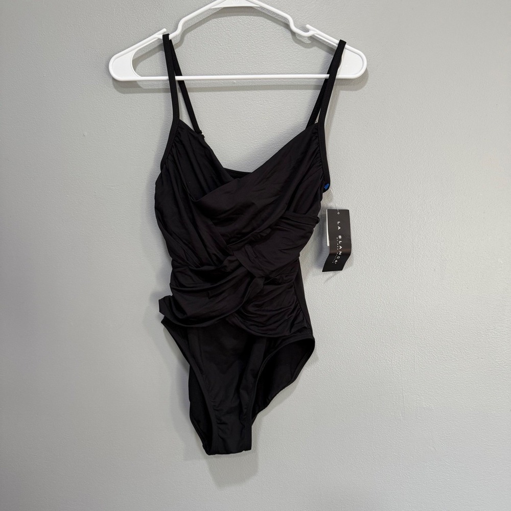 La Blanca Black Ruched Wrap One Piece Swimsuit Size 8 NWT